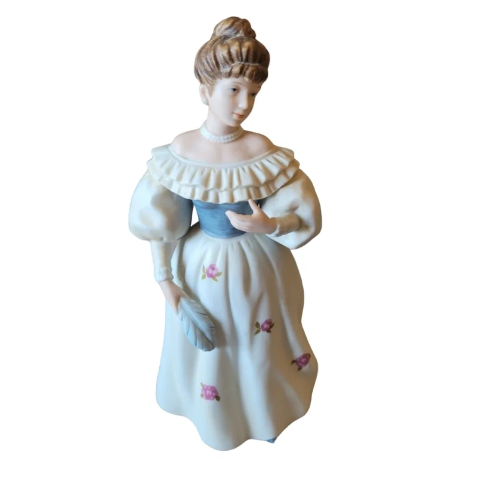 Homco Vintage Porcelain Victorian Antebellum Figurine Blue and White w/Feather